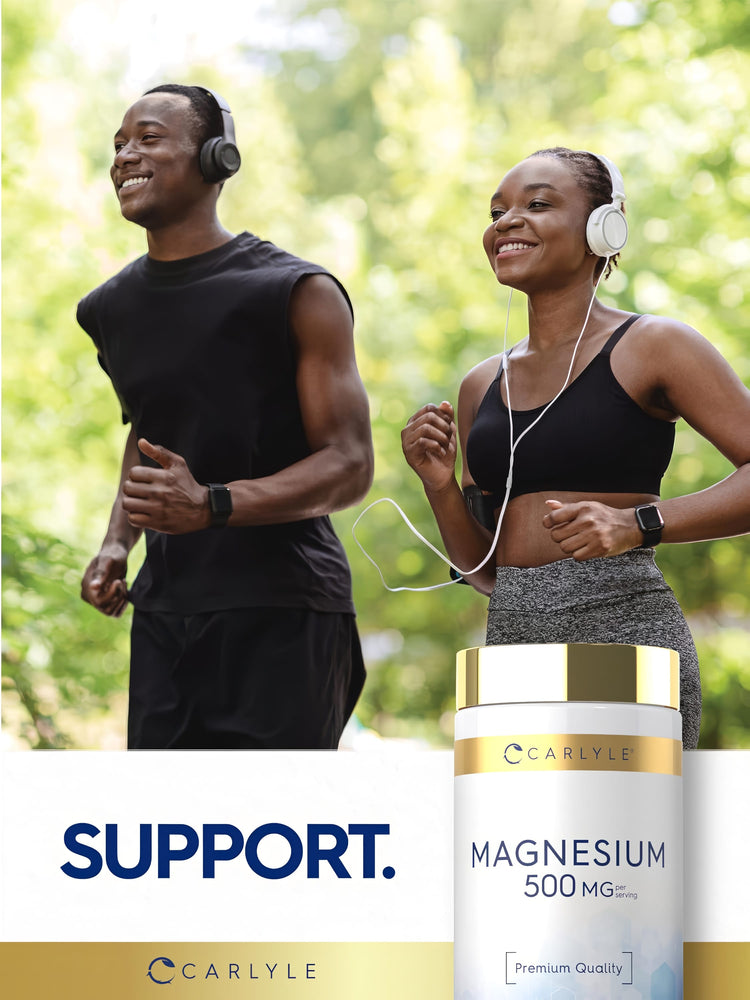 A man and woman jogging outdoors, holding a Carlyle Magnesium bottle.