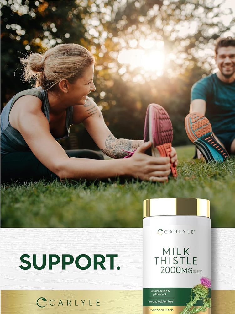 Carlyle Milk Thistle 2000 mg bottle and 'SUPPORT' text over a scene of an adult woman and man stretching outdoors.