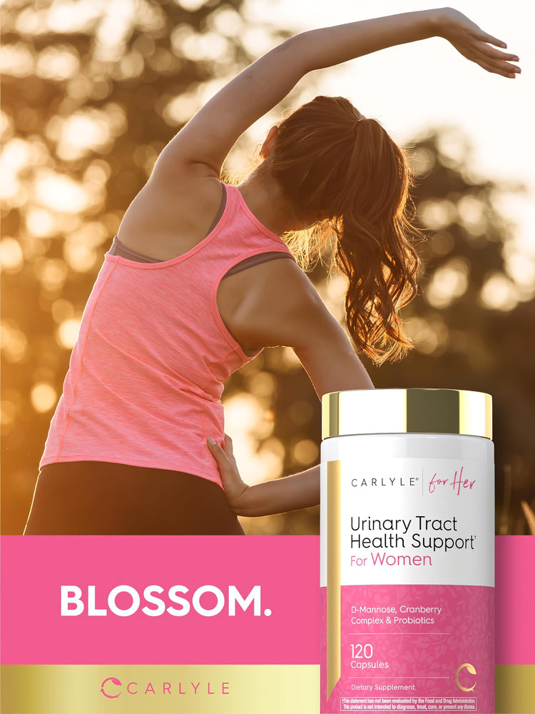 Woman stretching outdoors beside a Carlyle Urinary Tract Health supplement bottle.