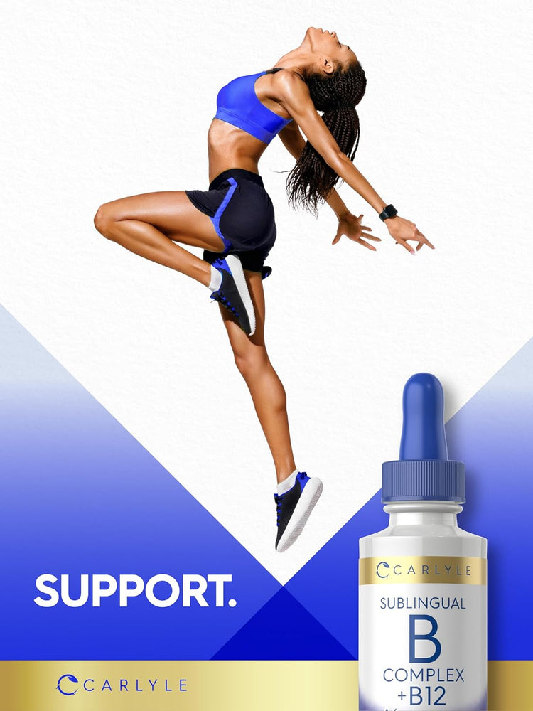 Carlyle Sublingual B Complex + B12 liquid dropper bottle, a dietary supplement for energy support.