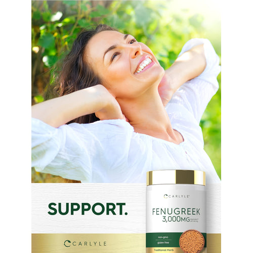 View 6 Young adult woman smiling outdoors, hands behind head, next to a Carlyle Fenugreek 3,000MG bottle.