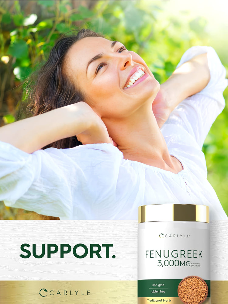 Young adult woman smiling outdoors, hands behind head, next to a Carlyle Fenugreek 3,000MG bottle.