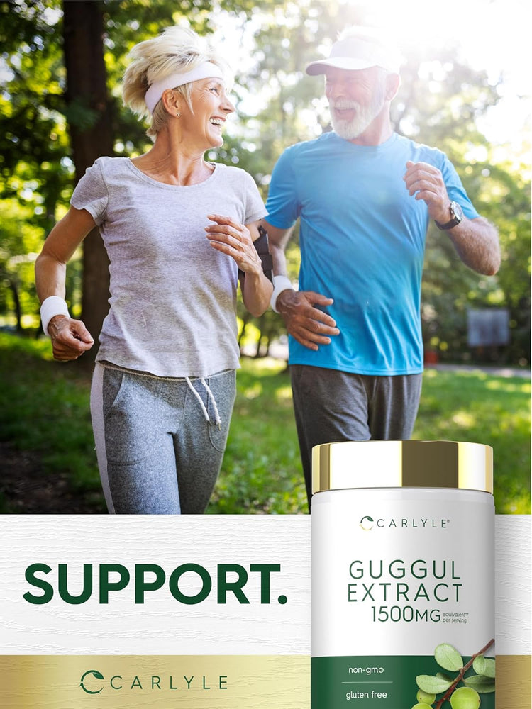 Older couple jogging in a park with a Carlyle Guggul Extract bottle labeled with 'SUPPORT'.