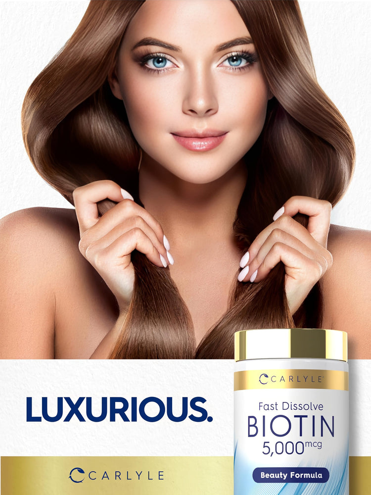Woman displaying her long, healthy brown hair and holding a Carlyle Fast Dissolve Biotin 5,000mcg supplement bottle.