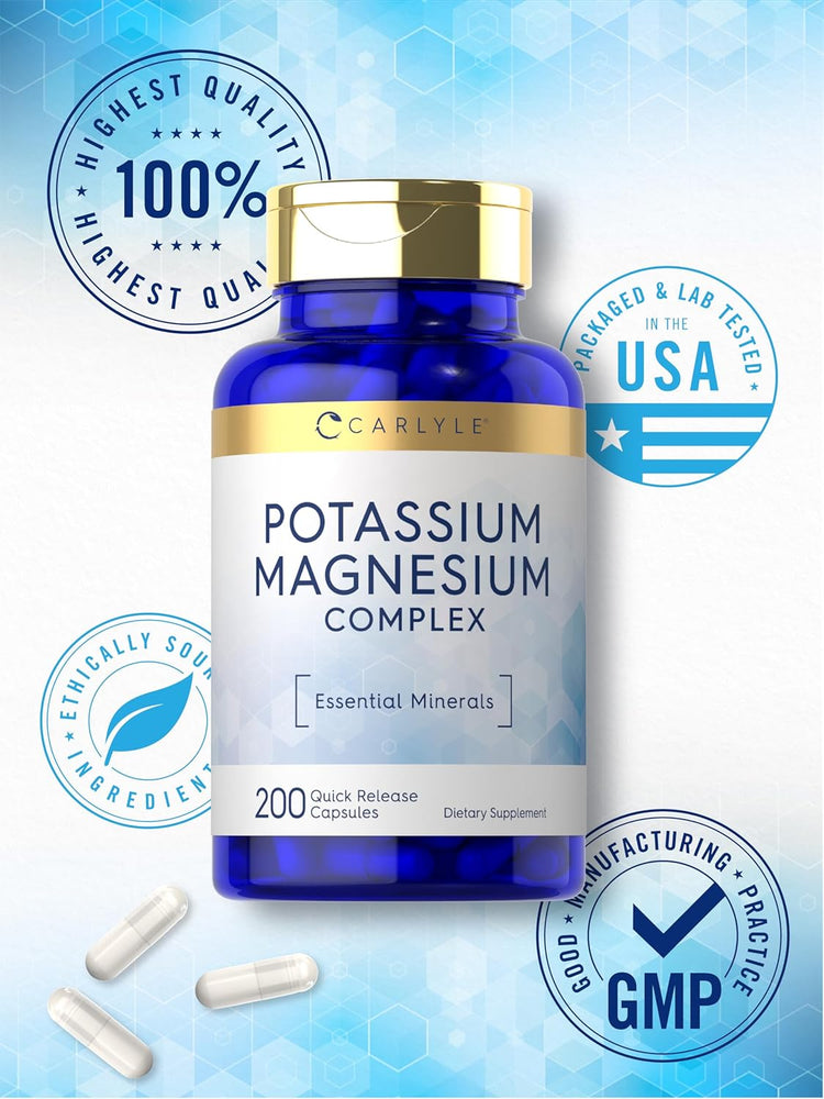 Carlyle Potassium Magnesium Complex, 200 Quick Release Capsules, dietary supplement, with three capsules visible.