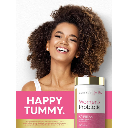 View 6 A smiling young woman next to a Carlyle Women's Probiotic bottle.