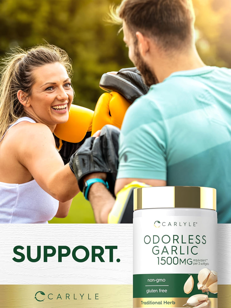 A smiling woman trains with a man using boxing pads beside Carlyle Odorless Garlic 1500 mg and the word 'SUPPORT'.