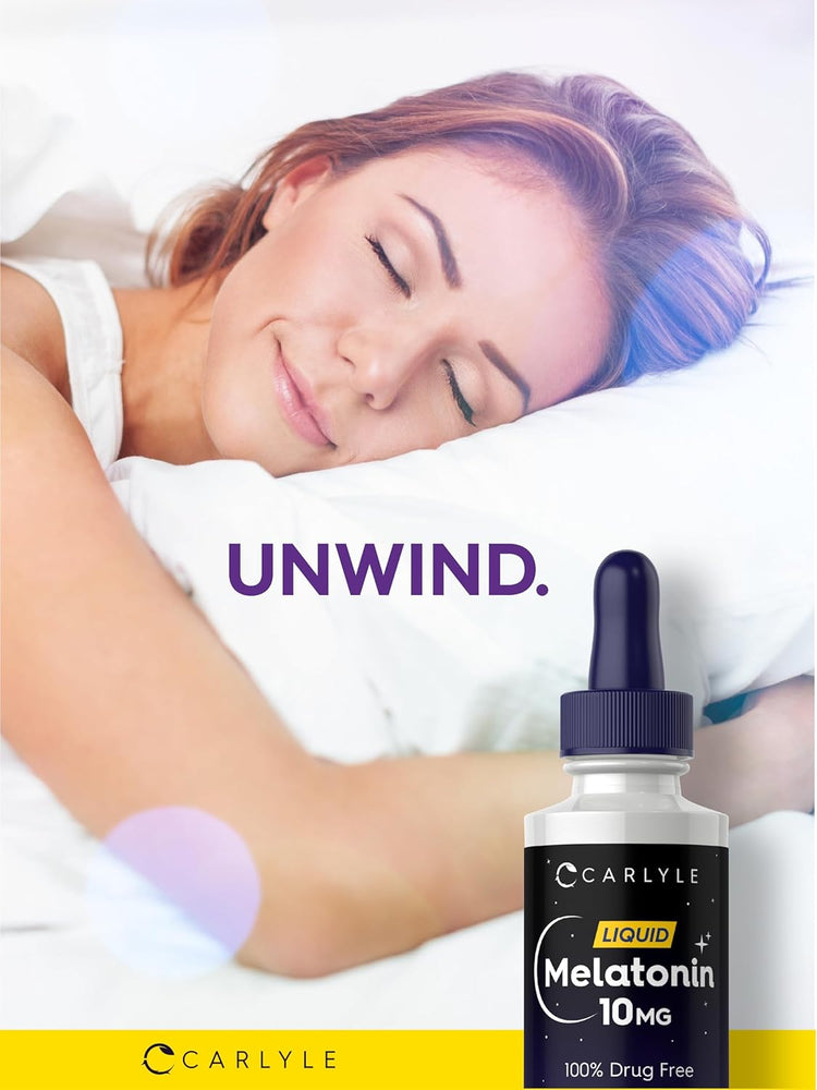 Carlyle Liquid Melatonin 10 mg, 2 fl oz. The bottle label indicates it is 100% drug-free.