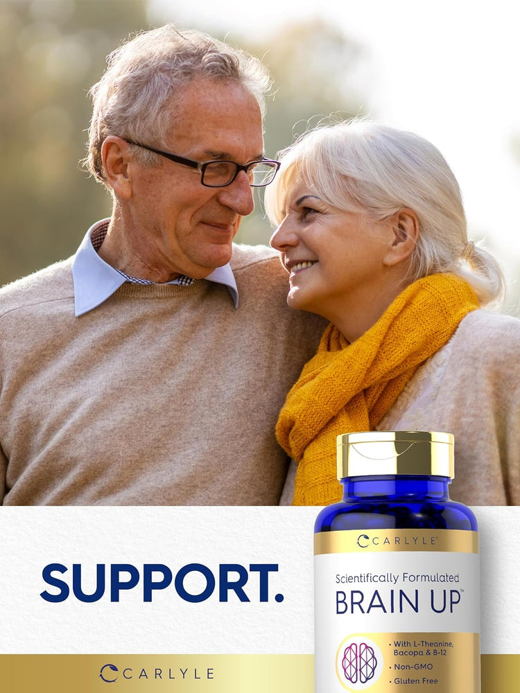 An elderly couple smiling at each other next to a bottle of Brain Up.