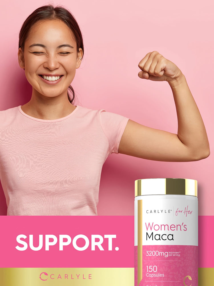 Carlyle for Her Women's Maca 3200mg per serving, 150 capsules bottle displayed.