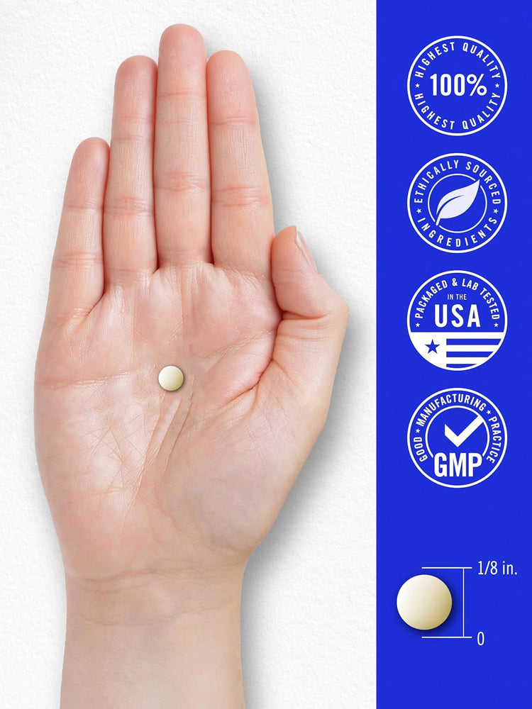 A light yellow round tablet rests in the palm of a hand, approximately 1/8 inch in size.