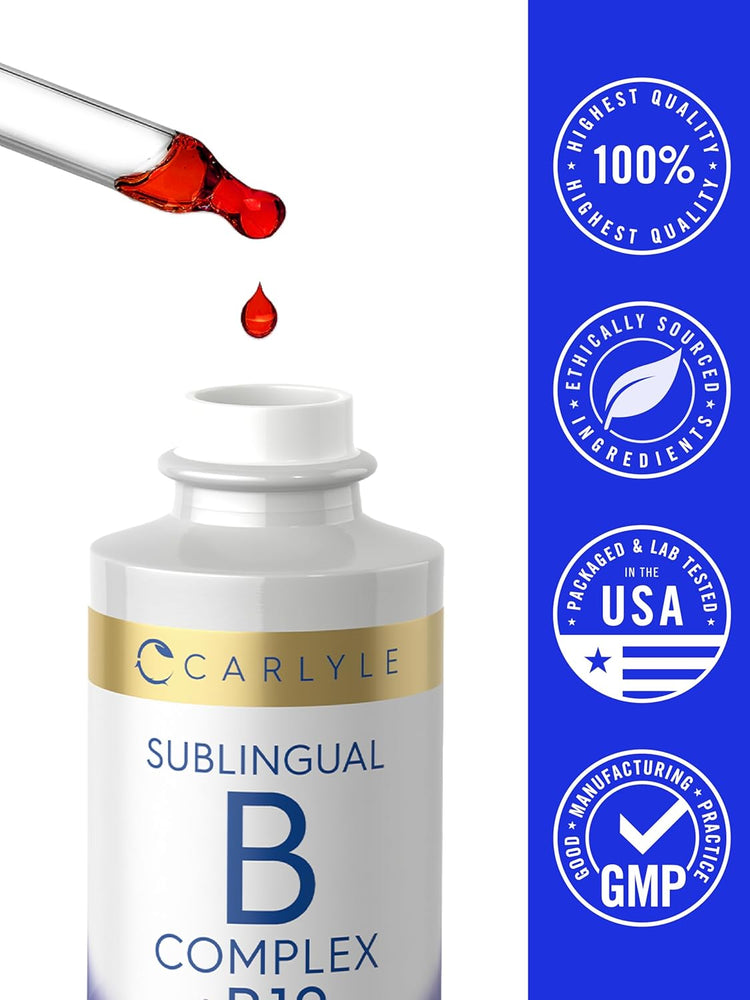 Carlyle Sublingual B Complex with B12 Liquid 2 Fl Oz dropper bottle with a red liquid drop visible.