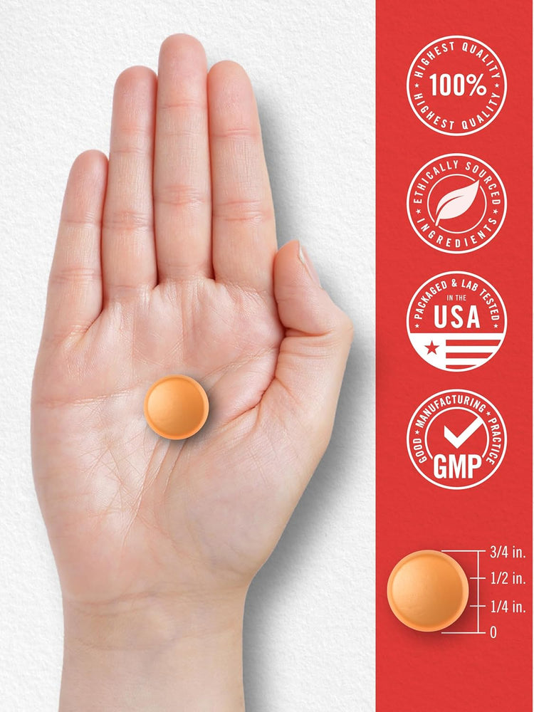 An orange CL Carlyle K2+D3 gummy, 1/2 inch diameter by 1/4 inch thick, held in a hand, alongside quality badges.