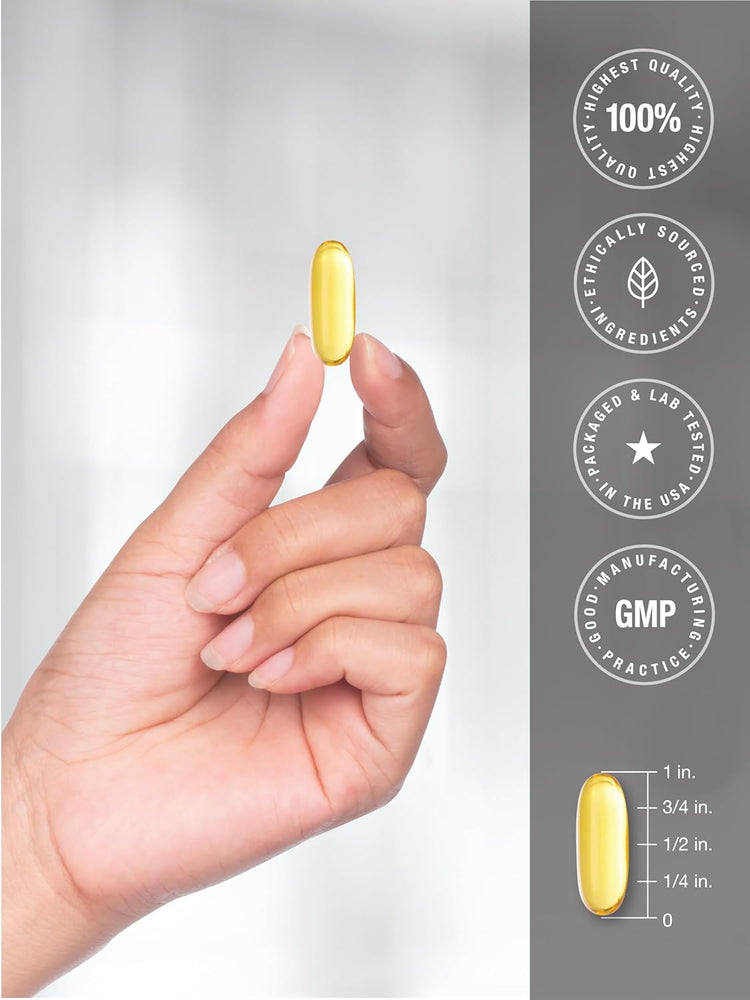 A hand holds a yellow Fish Oil softgel, 3/4 inch long, shown alongside a measuring graphic.