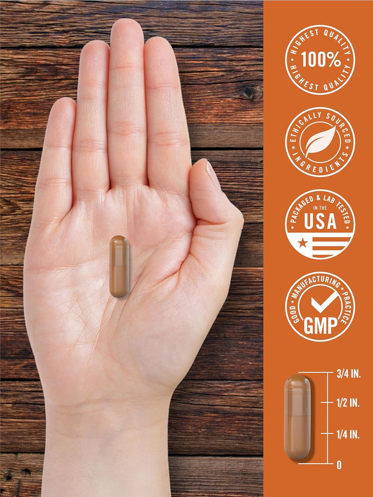 A brown capsule, about 3/4 inch long, rests on a hand with quality and sourcing badges visible.