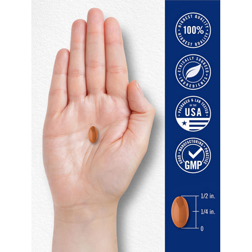 View 7 CoQ10 300 mg softgel, 1/2 in. long, 1/4 in. wide. HIGHEST QUALITY 100%, ETHICALLY SOURCED, PACKAGED & LAB TESTED IN THE USA, GMP.
