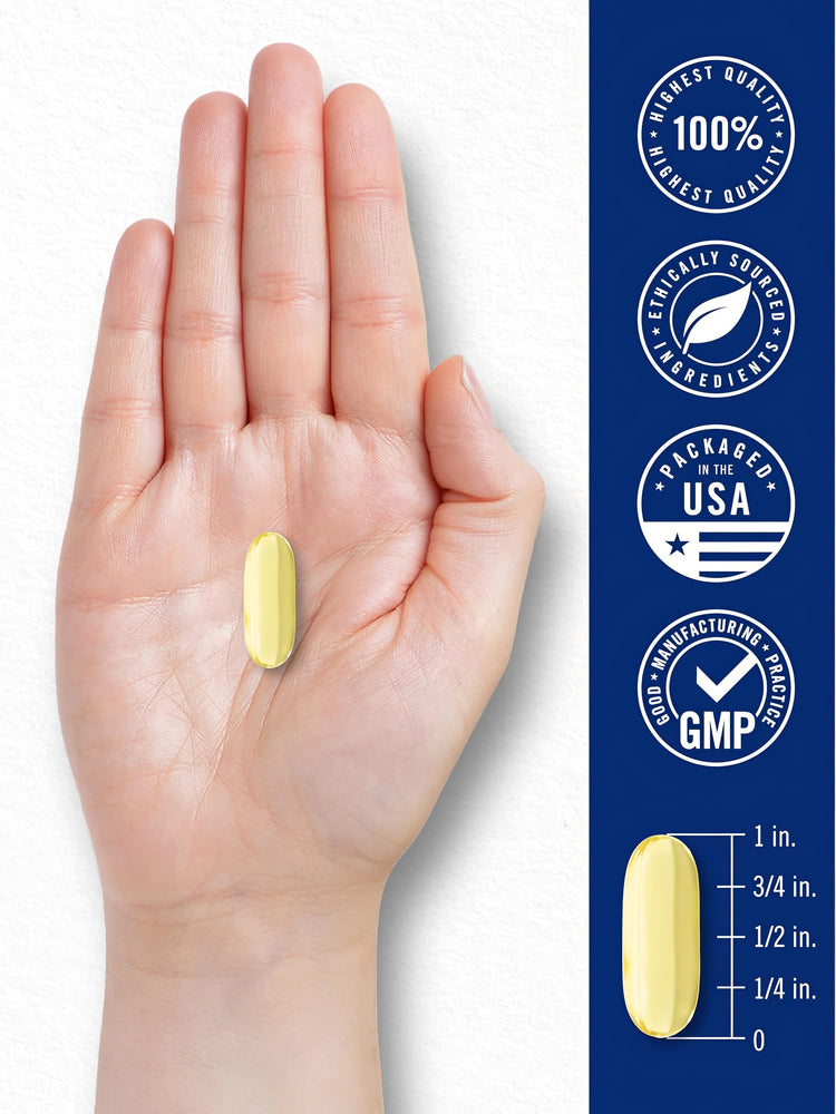 Carlyle Fish Oil 3000 mg softgel, 1 inch long, held in a hand.