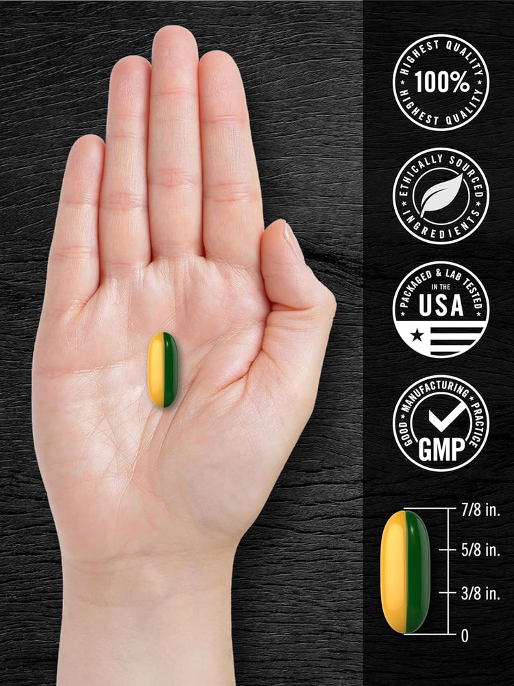 A green and yellow Carlyle Ultra Libido softgel is held in a hand, measuring 7/8 in., 5/8 in., 3/8 in.