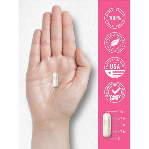 View 7 A hand holds a white capsule, measured by a scale, showing it is approximately 3/4 inch long.