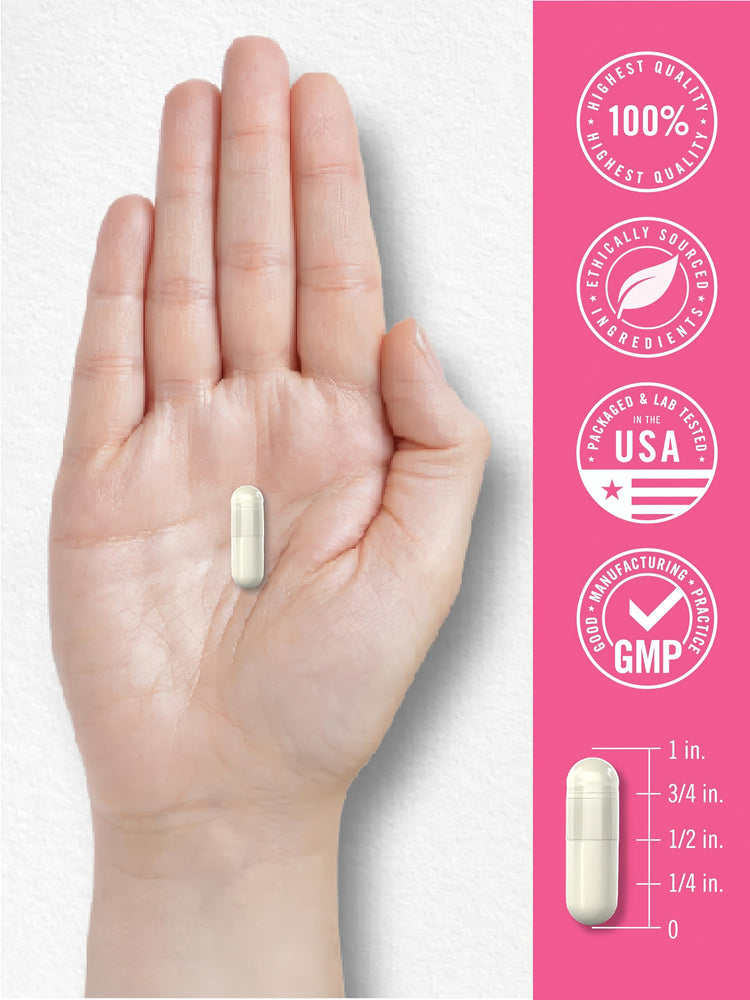 A hand holds a white capsule, measured by a scale, showing it is approximately 3/4 inch long.