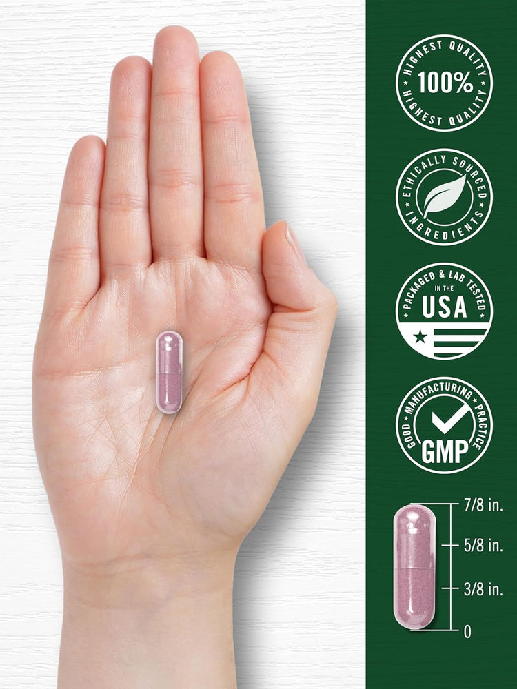 A purple CL Tart Cherry capsule is held in a hand and measures 7/8 inch long.