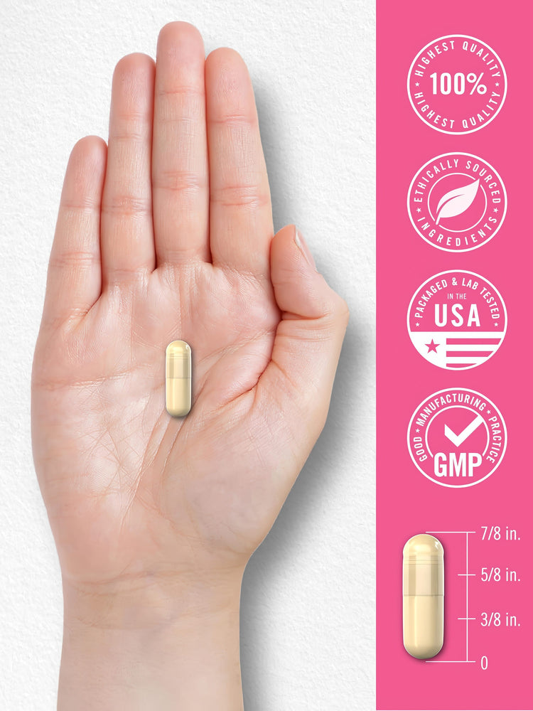 A light cream capsule measuring 7/8 inches long, shown on a scale for size comparison.