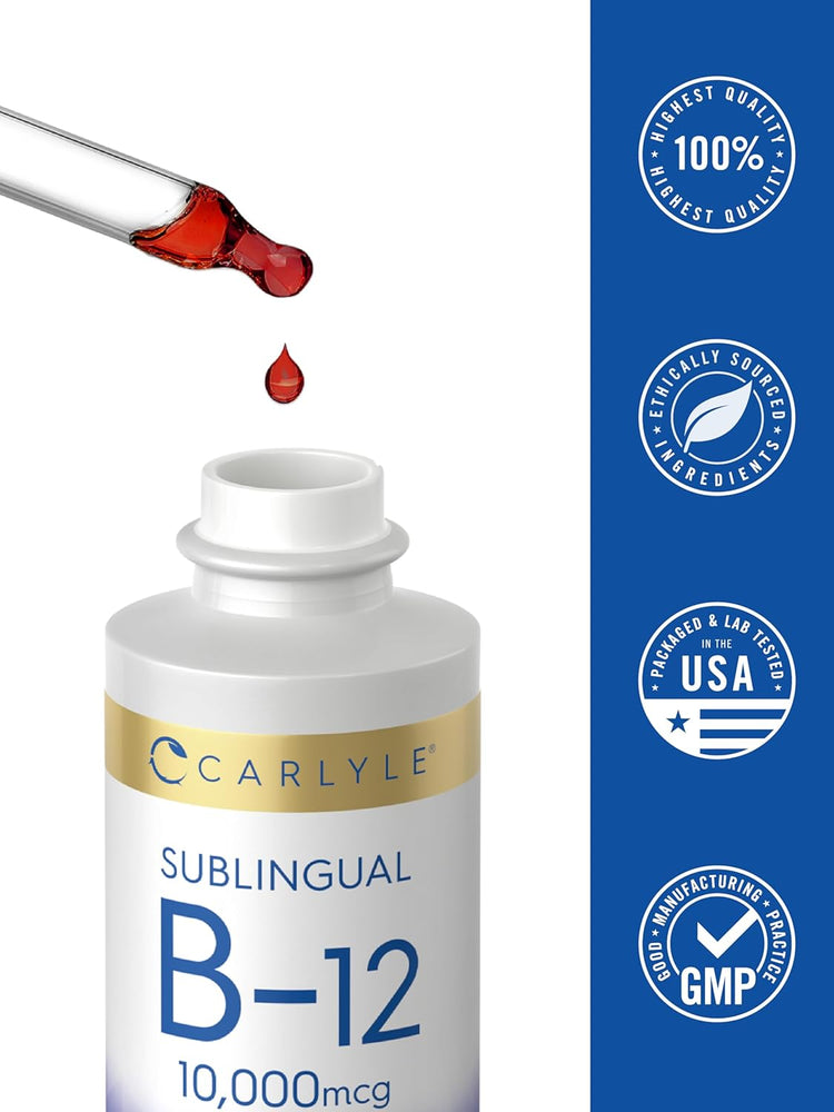 Carlyle Sublingual B-12 Liquid 10,000mcg dropper bottle with a drop falling into it.