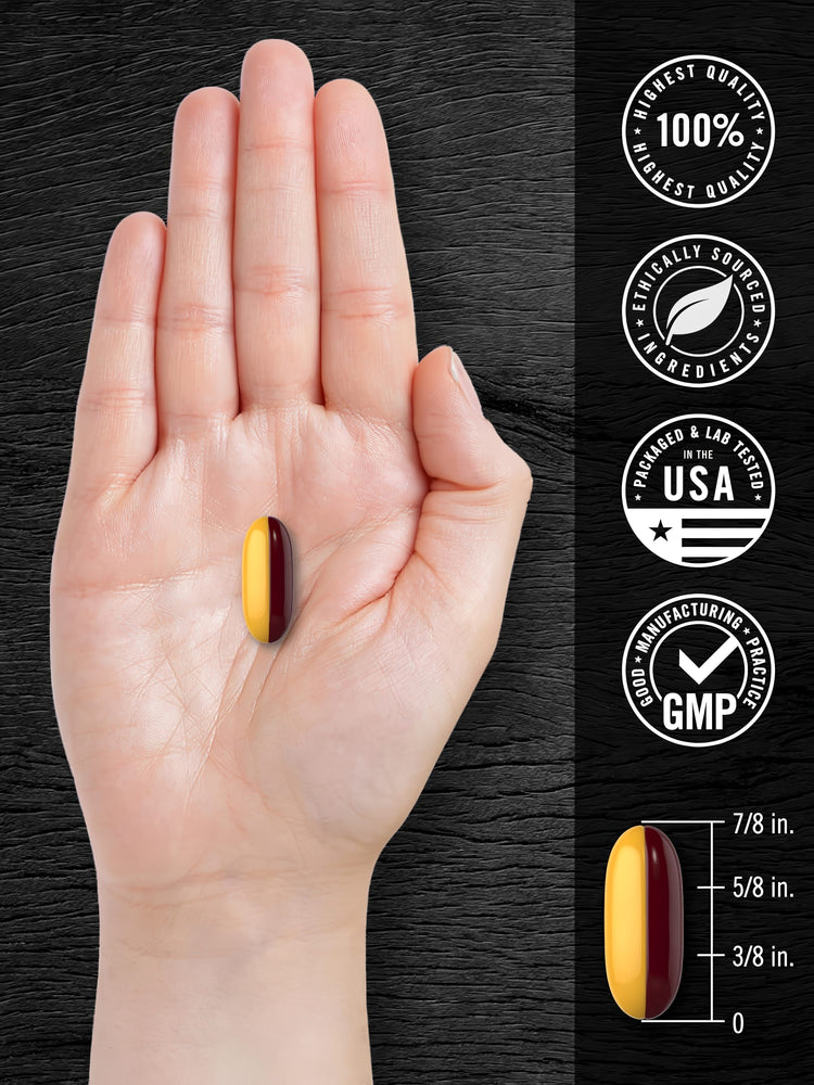 A hand holds a two-tone softgel, 7/8 inch long, next to a ruler graphic for scale.