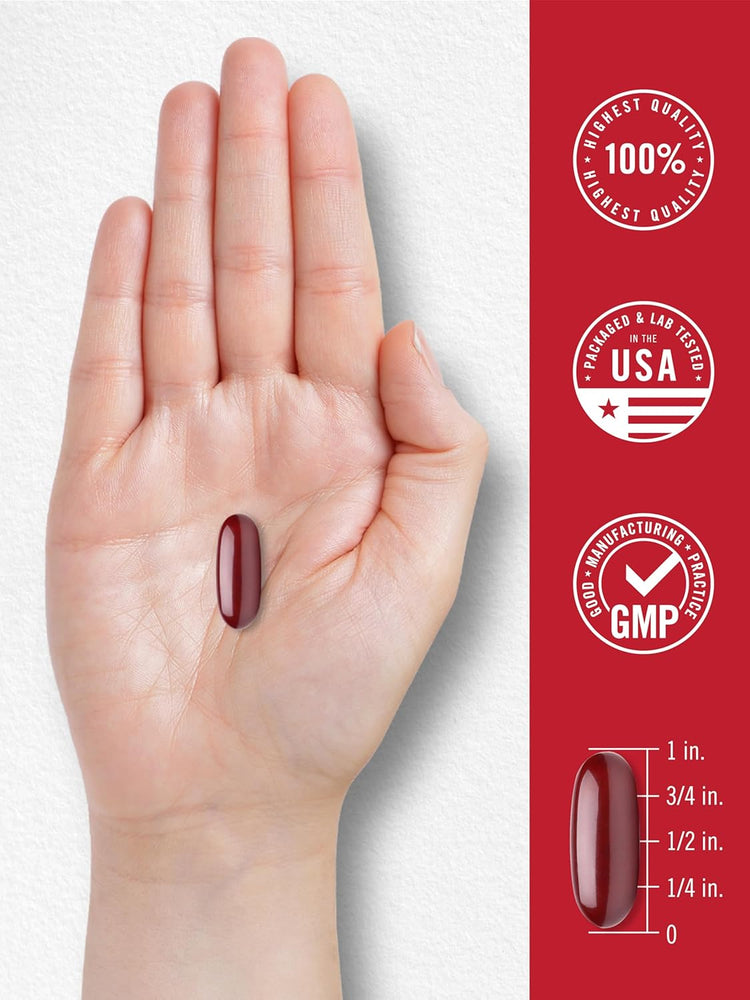 Dark red CL Krill Oil 2000 mg softgel on a hand, 1 inch long. Quality badges: 100% Highest Quality, USA Packaged/Lab Tested, GMP.