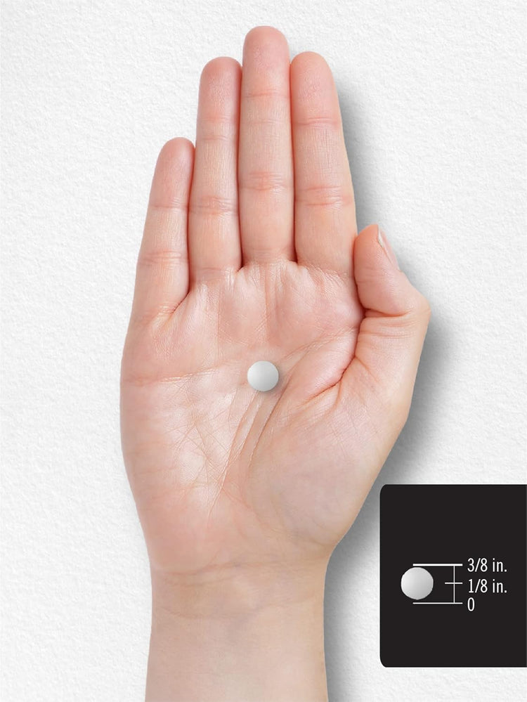 A white tablet measures 3/8 inch wide and 1/8 inch thick.