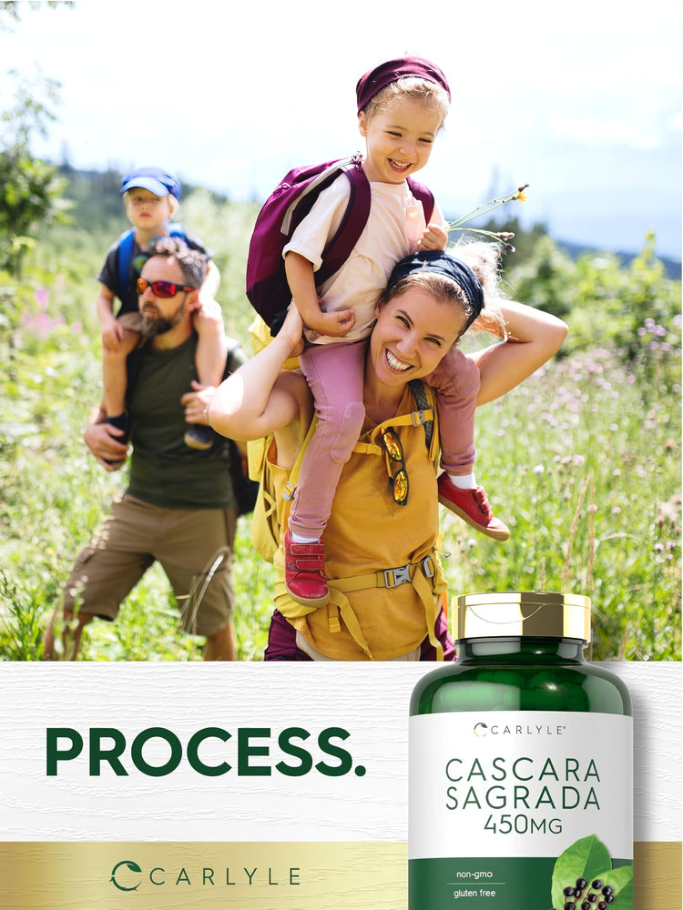 Mother with daughter on shoulders and father with son, hiking outdoors, with a Cascara Sagrada 450 mg bottle nearby.