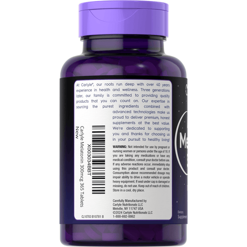 View 6 Side label for Carlyle Melatonin 300 mcg, 365 tablets, showing brand information, warning, barcode, and manufacturer information