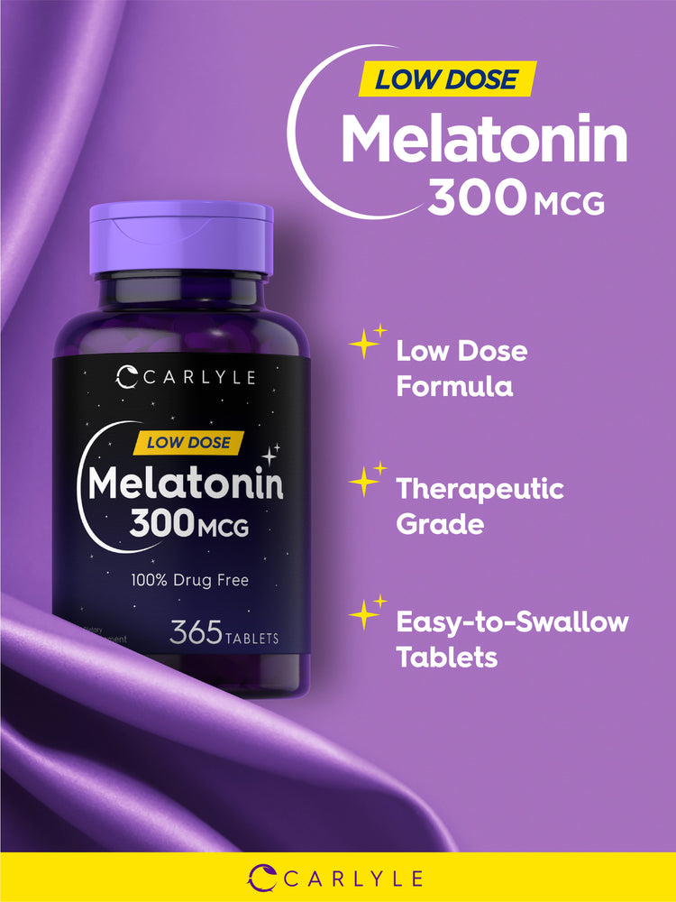 Graphic stating LOW DOSE Melatonin 300MCG, Low Dose Formula, Therapeutic Grade, Easy-to-Swallow Tablets
