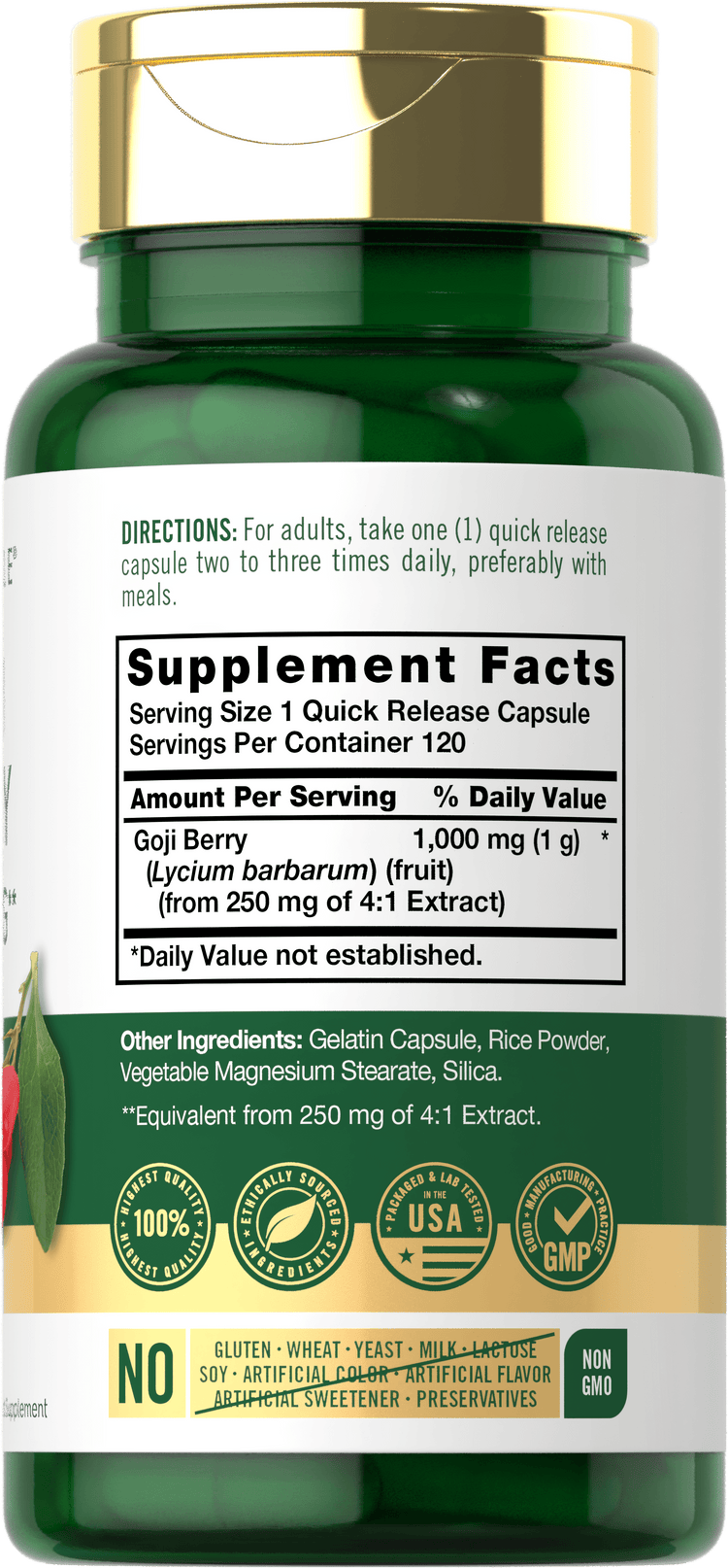 Back label / Supplement Facts panel for Goji Berry 1,000 mg quick release capsules, 120 servings per container.