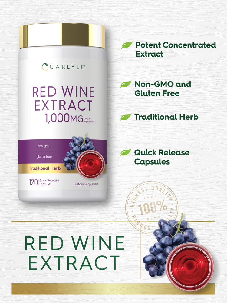 Product highlights graphic stating Potent Concentrated Extract, Non-GMO and Gluten Free, Traditional Herb, Quick Release Capsules.