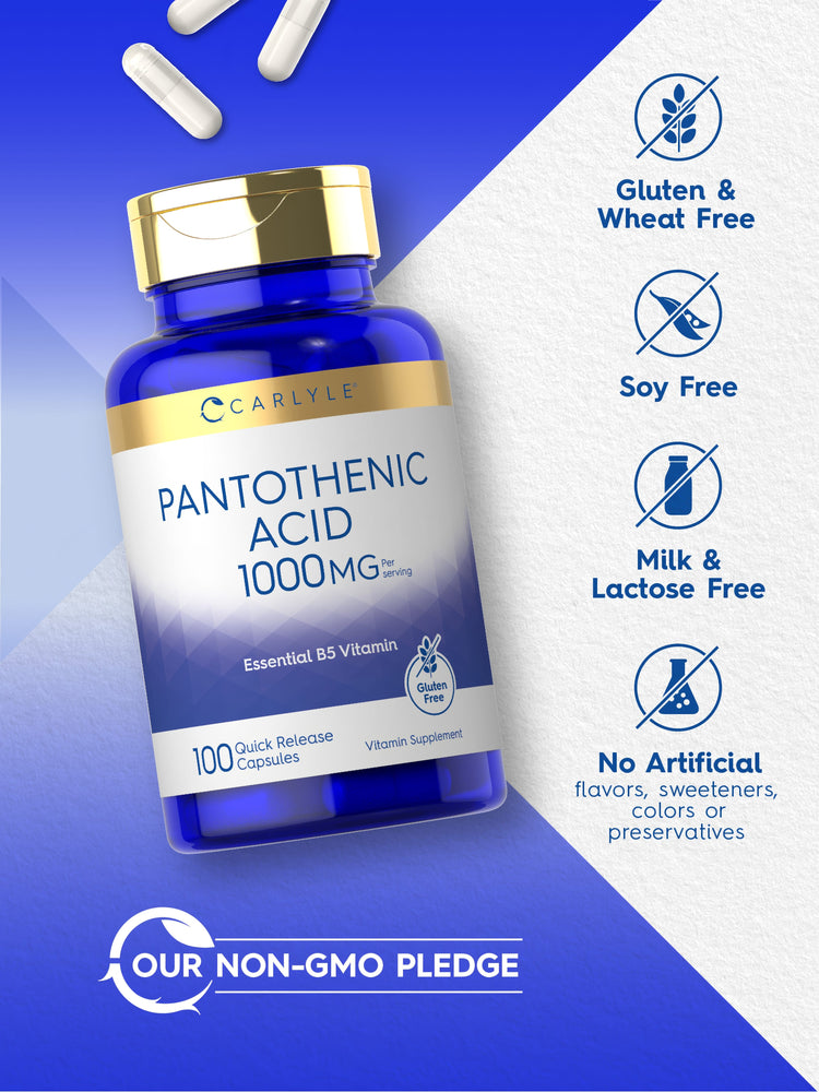 Carlyle Pantothenic Acid 1000 mg bottle with icons indicating Gluten & Wheat Free, Soy Free, Milk & Lactose Free, No Artificial flavors, sweeteners, colors or preservatives, and Our Non-GMO Pledge