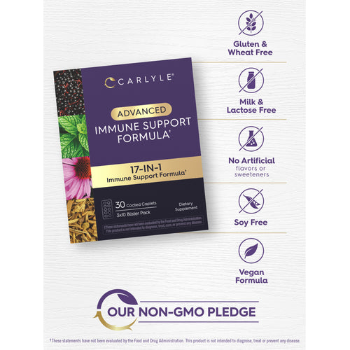 View 6 icons indicating Gluten & Wheat Free, Milk & Lactose Free, No Artificial flavors or sweeteners, Soy Free, Vegan Formula