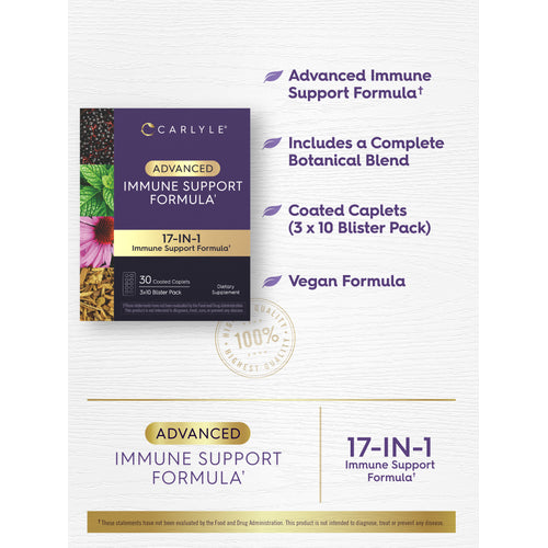 View 5 graphic stating Advanced Immune Support Formula, Includes a Complete Botanical Blend, Coated Caplets (3 x 10 Blister Pack), Vegan Formula, and 17-IN-1 Immune Support Formula