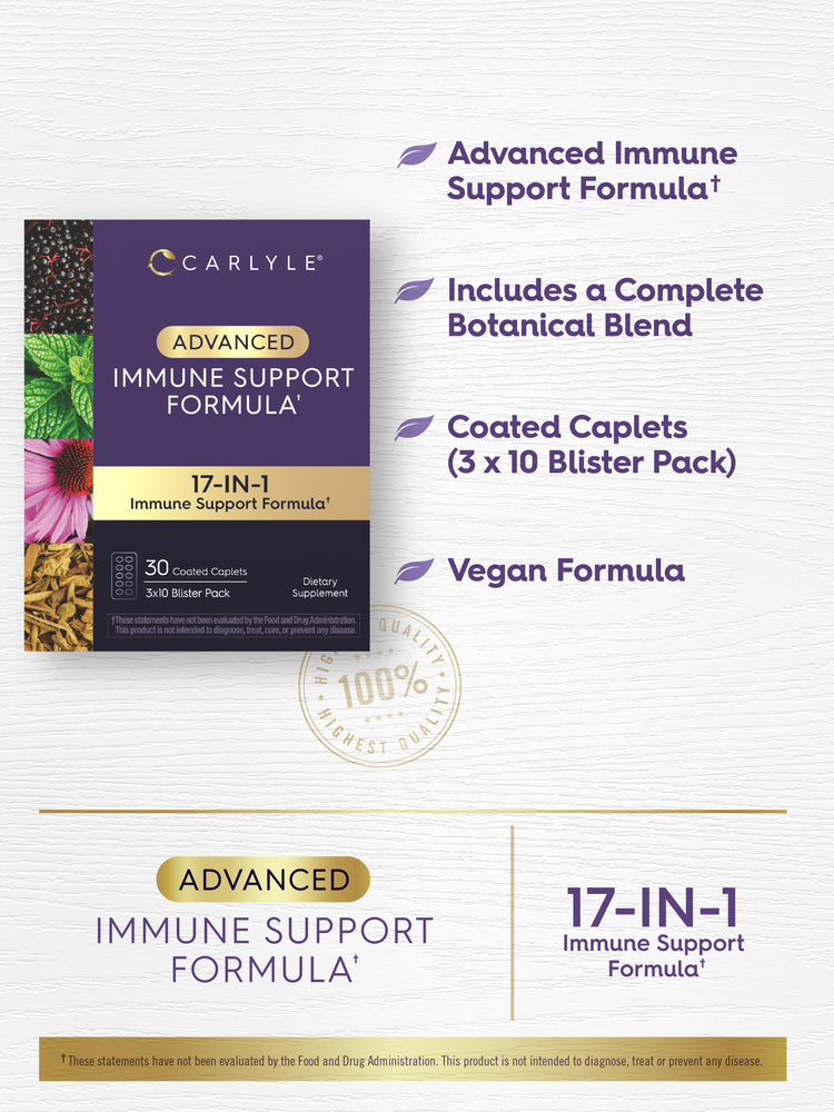 graphic stating Advanced Immune Support Formula, Includes a Complete Botanical Blend, Coated Caplets (3 x 10 Blister Pack), Vegan Formula, and 17-IN-1 Immune Support Formula