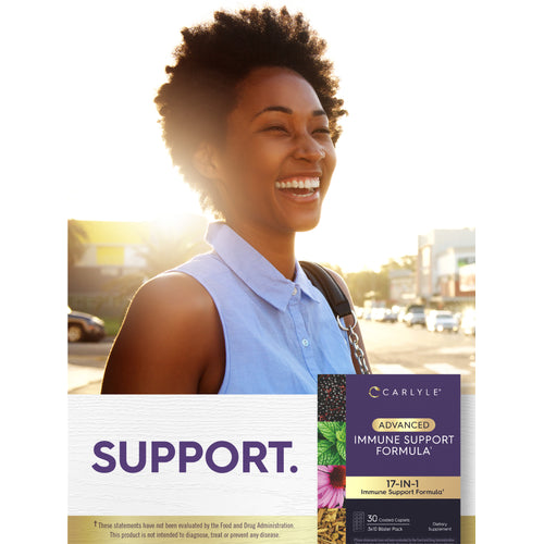 View 7 Lifestyle image of smiling adult outdoors with Carlyle Advanced Immune Support Formula package nearby and text stating SUPPORT
