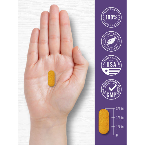 View 8 Coated caplet shown in hand for size reference, measuring approximately 3/4 in., with icons stating 100% Highest Quality, Ethically Sourced Ingredients