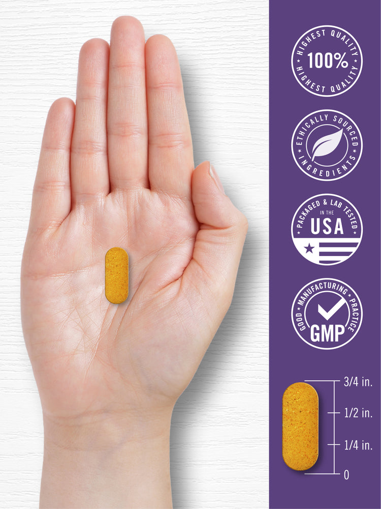 Coated caplet shown in hand for size reference, measuring approximately 3/4 in., with icons stating 100% Highest Quality, Ethically Sourced Ingredients