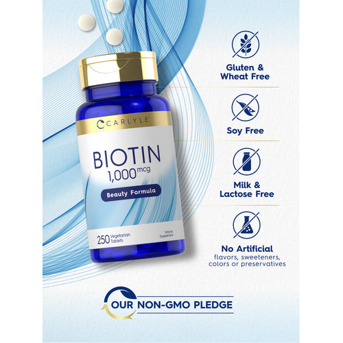 View 9 Carlyle Biotin 1,000 mcg bottle with icons indicating Gluten & Wheat Free, Soy Free, Milk & Lactose Free, No Artificial flavors, sweeteners, colors or preservatives, and Our Non-GMO Pledge
