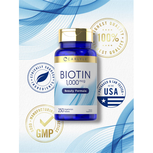View 11 Carlyle Biotin 1,000 mcg bottle with quality badges stating Highest Quality 100%, Ethically Sourced Ingredients, Packaged & Lab Tested in the USA, and Good Manufacturing Practice GMP