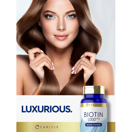 View 12 Lifestyle image of woman with long brown hair holding her hair, with Carlyle Biotin 1,000 mcg bottle and graphic stating LUXURIOUS.