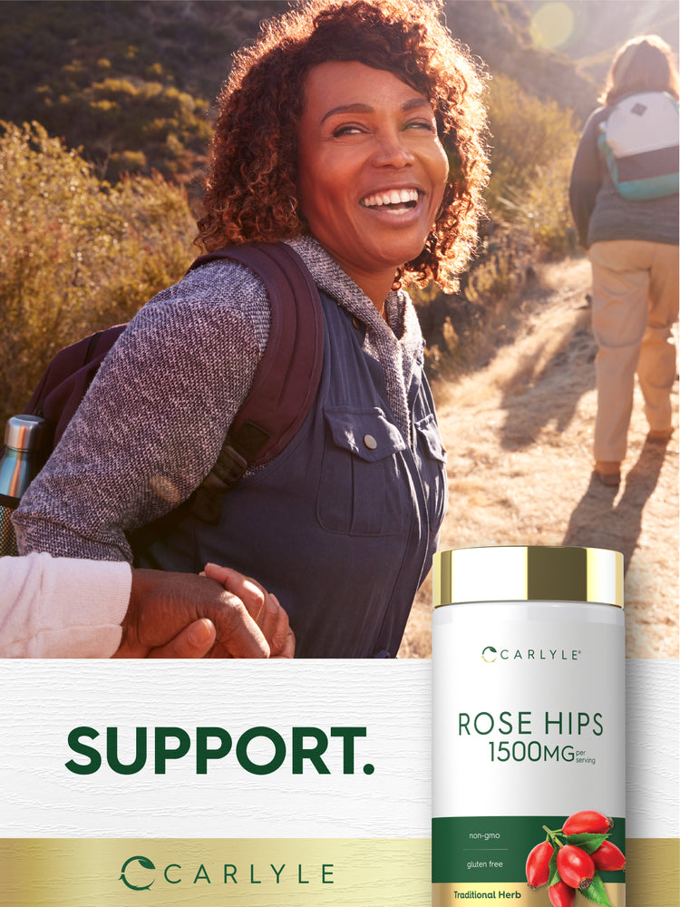 Lifestyle image of adults hiking outdoors with Carlyle Rose Hips 1500MG bottle and graphic stating SUPPORT.