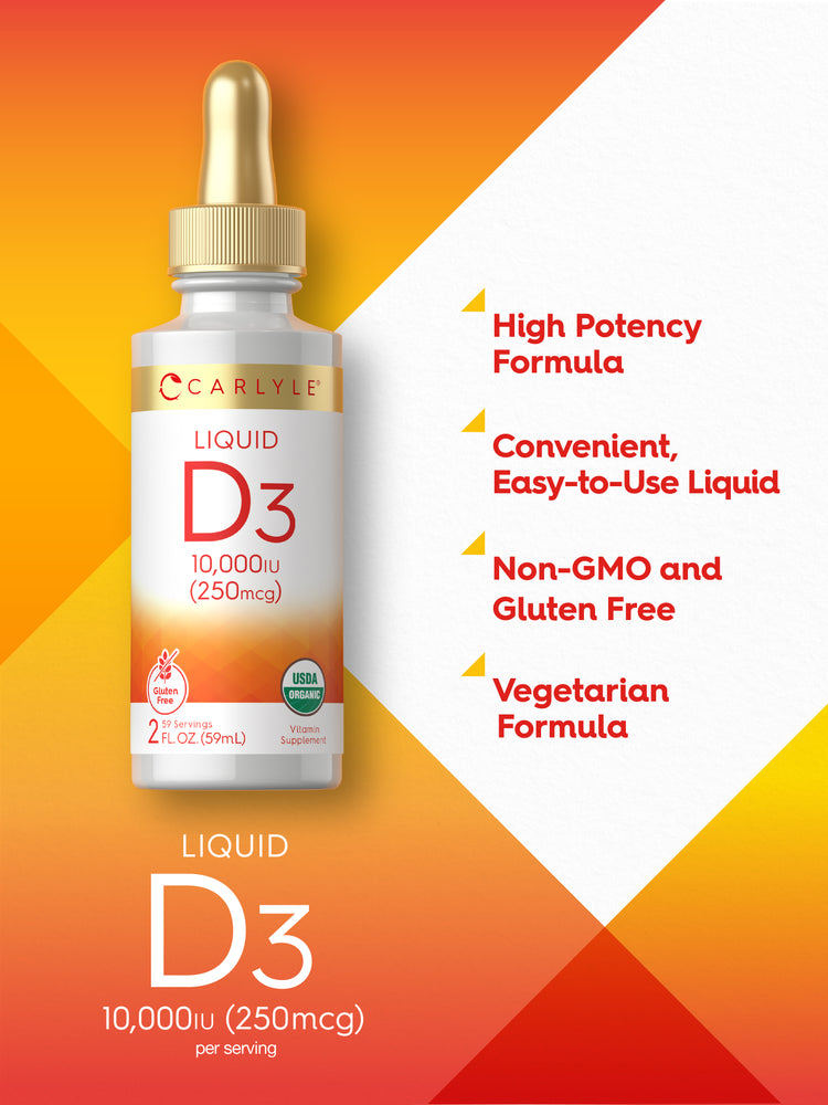 Carlyle Liquid D3 10,000 IU (250 mcg) per serving, stating High Potency Formula, Convenient, Easy-to-Use Liquid, Non-GMO and Gluten Free, Vegetarian Formula.
