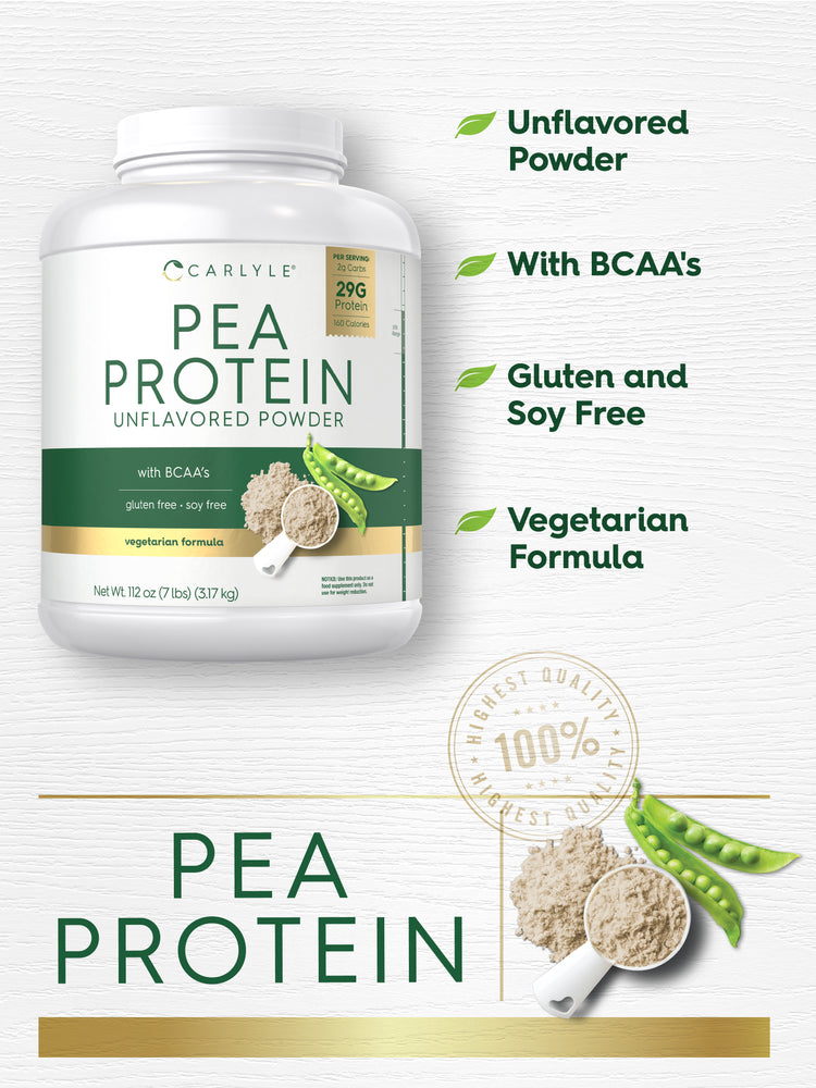 Graphic stating Unflavored Powder, With BCAA's, Gluten and Soy Free, Vegetarian Formula, Finest Quality 100%, PEA PROTEIN