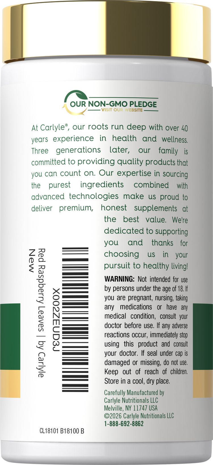Side bottle label with Our Non-GMO Pledge, product information, barcode, and warning text