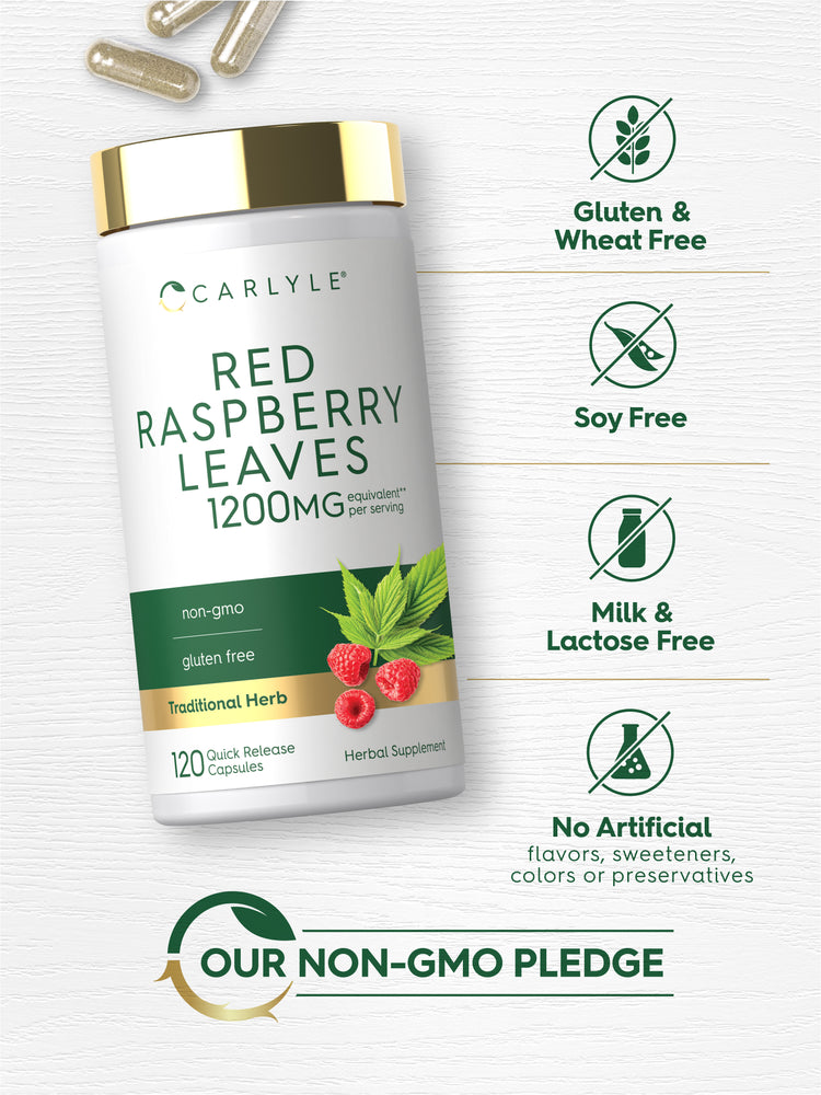 Red Raspberry Leaves bottle with icons indicating Gluten & Wheat Free, Soy Free, Milk & Lactose Free, No Artificial flavors, sweeteners, colors or preservatives, and Our Non-GMO Pledge
